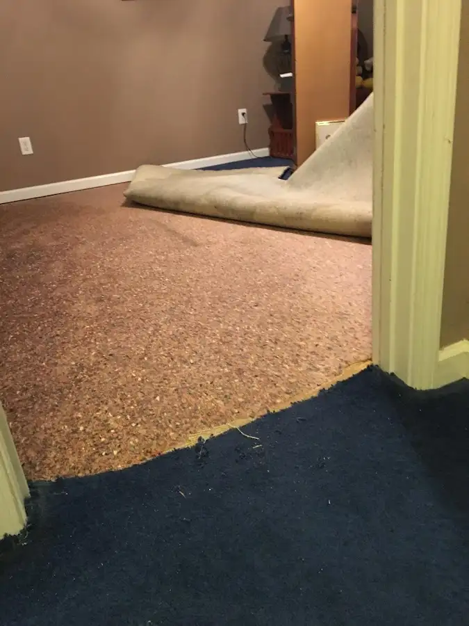 Carpet pad removal revealing water damage during Water Mitigation Services in Hasbrouck Heights