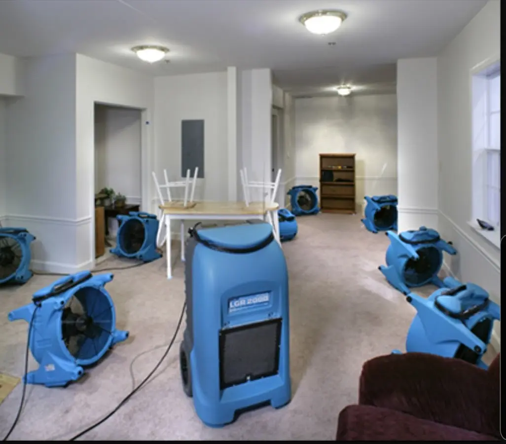 Air movers and dehumidifier setup for Water Damage Restoration in Hasbrouck Heights